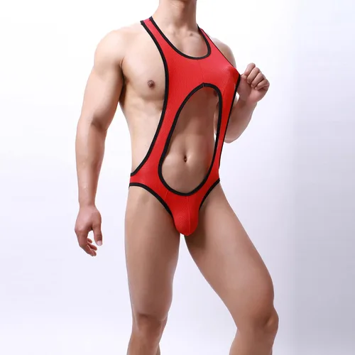 Vista 3 de niceone Ropa interior de leotardo travieso con tirantes para hombre, sin espalda, overol de lucha libre, overol gay