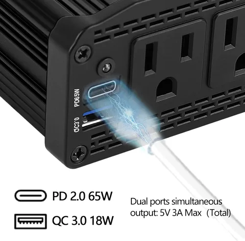 Vista 4 de ALLWEI Inversor de coche de 300 W con puerto USB 3.0 USB-C de 65 W - CC 12 V a 110 V (negro y azul)