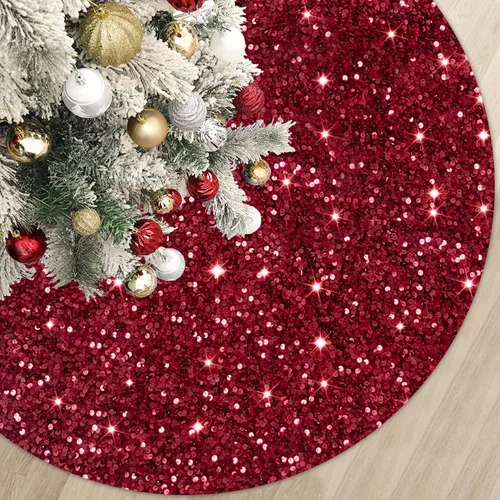 Vista 9 de MODFUNS Falda Roja para Árbol de Navidad Mini Faldas con Purpurina para Árbol de 21 Pulgadas Falda para Árbol de Navidad con Lentejuelas Tapete