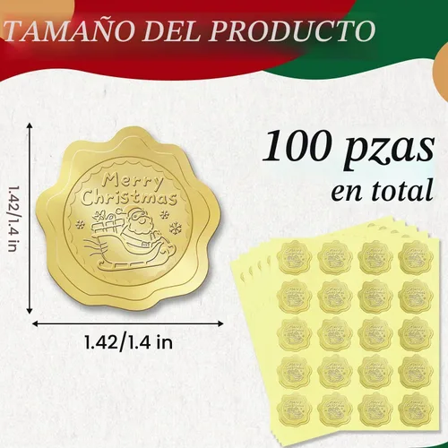 Vista 2 de 100 calcomanías de Feliz Navidad para sobres, sellos dorados de sobres de Navidad, calcomanías de lámina dorada para invitaciones de boda, tarjetas