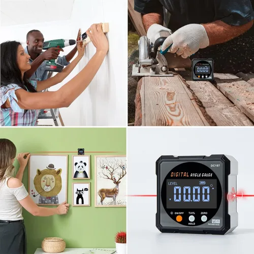 Vista 7 de Buscador de ángulo digital con láser electrónico – Calibre de ángulo magnético fuerte de 4 lados, inclinómetro de cubo con luz de fondo Gris