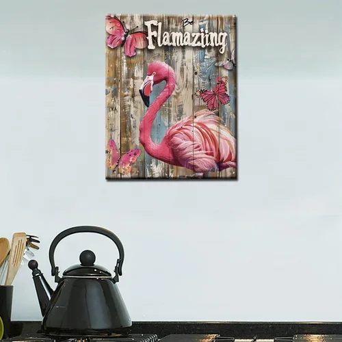 Vista 2 de Kit de pintura por números de flamenco y letrero "Flamaziing" para adultos principiantes, animal rosa, grano de madera, acrílico fácil sobre lienzo