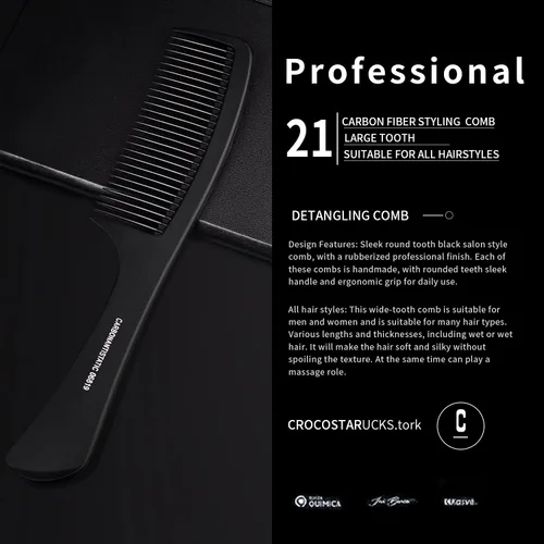 Vista 2 de Peine desenredante grande con mango profesional, fibra de carbono, corte, peluquería, peinado, diente redondo, peluquería, peluquería, peine