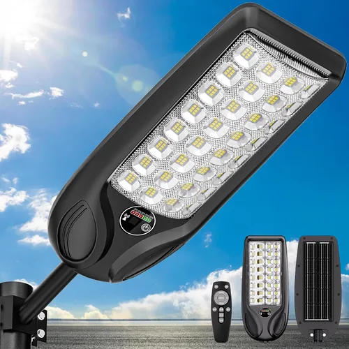 Vista 11 de MMKT - Farolas solares impermeables para exteriores, 3 colores LED del atardecer al amanecer, luces de inundación con sensor de movimiento y control