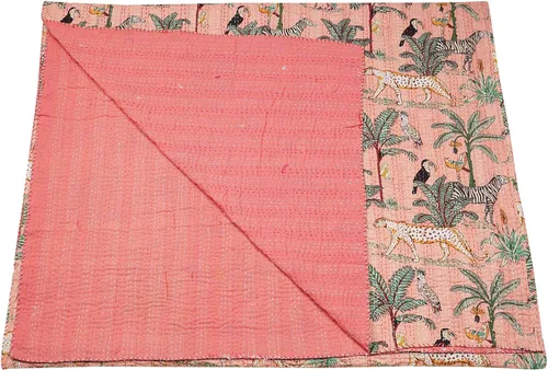 Vista 18 de Marubhumi Edredón tradicional indio de algodón puro con estampado de selva Kantha, funda de cama, colcha Kantha con estampado de animales, Negro