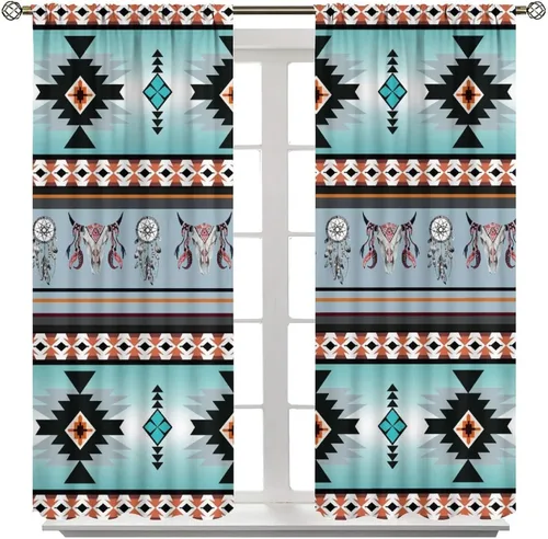 Vista 344 de Cortinas con patrón geométrico tribal, estilo suroeste, azteca, rústico, occidental, nativo americano, opacas, con bolsillo para barra, decoración