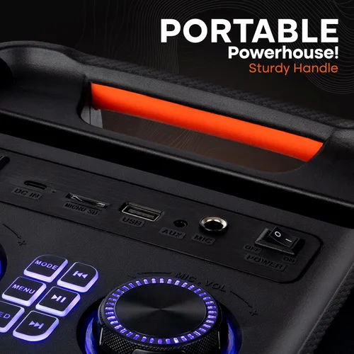 Vista 5 de Pyle Altavoz portátil Bluetooth para fiestas con woofer de 8 pulgadas, función TWS, batería recargable de 100W, entrada de micrófono, eco, control