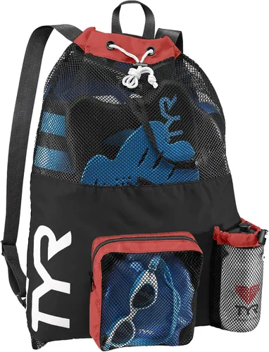 Vista 8 de TYR Mochila Big Mesh Mummy para natación, gimnasio y equipo de entrenamiento, color negro, capacidad de 40 litros