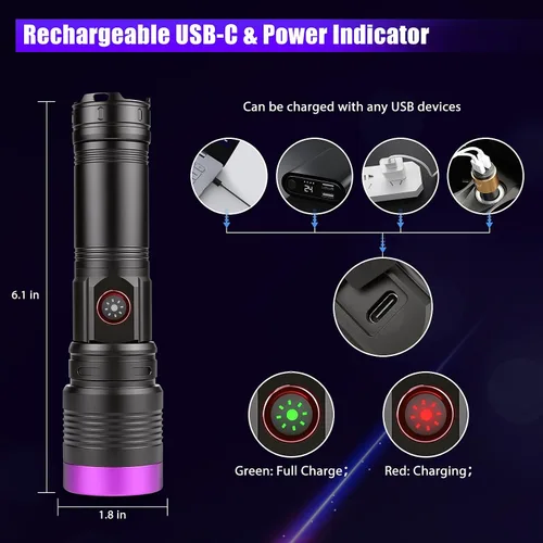 Vista 5 de 365nm linterna UV recargable negro luz linterna foco ajustable