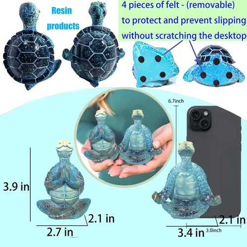 Vista 3 de Paquete de 2 figuras de tortuga marina de yoga, estatua de escritorio de meditación de resina con base antideslizante, temática del océano zen