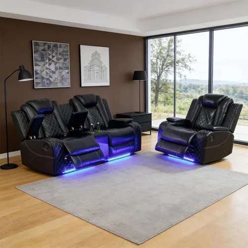 Vista 28 de Sofá reclinable individual eléctrico para muebles de sala de estar, silla reclinable de cuero con luces LED, puertos USB, almacenamiento oculto