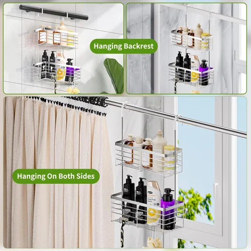 Vista 2 de SHANSHUI Organizador de Ducha Colgante, Organizador Doble para Baño, Cesta Organizadora de Ducha, Soporte para Champú, Estante de Ducha sobre Puerta