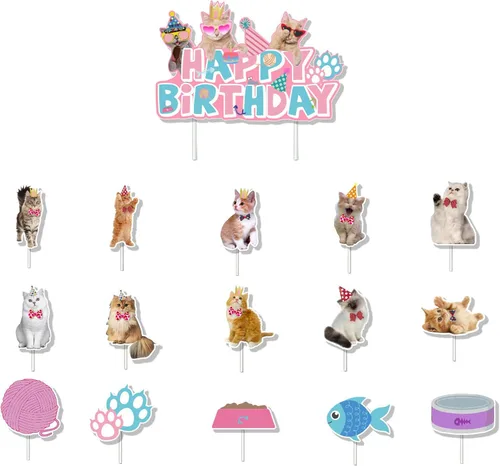 Vista 8 de TSJ 16 adornos para cupcakes de gato, decoración de pastel de cumpleaños para gatos, decoración de fiesta temática de gatitos, palitos para pastel