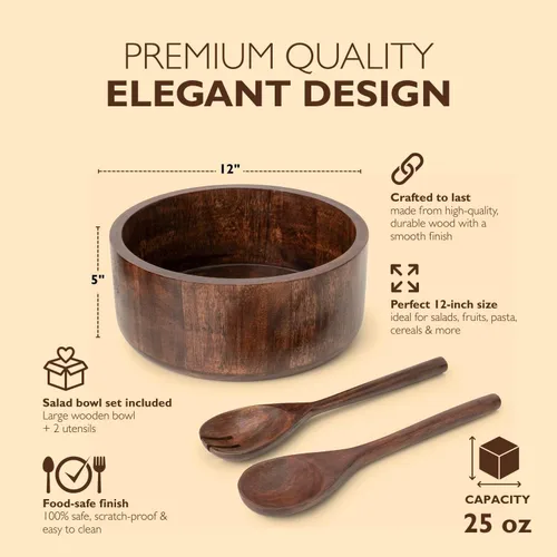 Vista 2 de Luxe Designs Juego de Tazón de Ensalada de Madera Quemada Oscura de 12" con Utensilios para Servir Ecológico, Tazón Multiusos para Mezclar y Servir