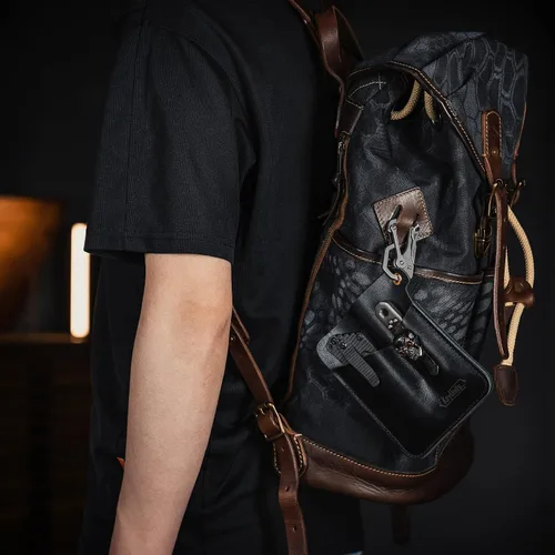 Vista 7 de KeyUnity KL01 - Organizador de bolsillo de cuero con 3 bolsas, funda multiherramienta EDC para cuaderno/cuchillo de bolsillo/linternas/bolígrafos