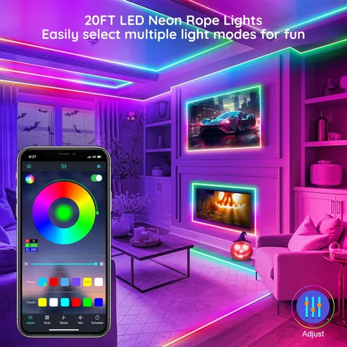 Vista 2 de 20 pies de luces LED en cuerda, luces de neón flexibles con control de aplicación/control remoto, múltiples modos, IP65 impermeables