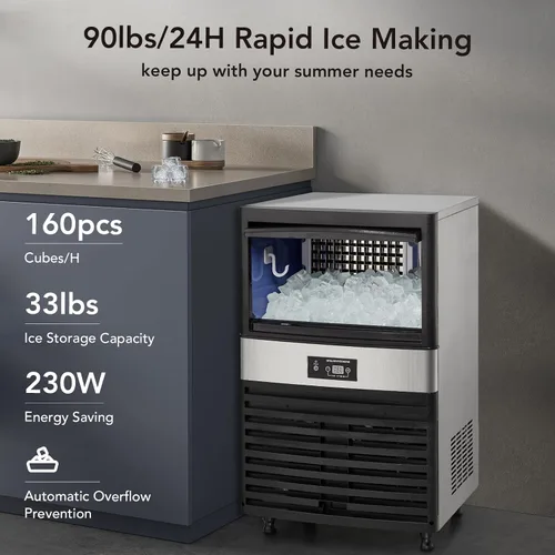 Vista 2 de Towallmark Máquina de hielo comercial, crea 90 libras en 24 horas, máquina de hielo comercial con capacidad de almacenamiento de hielo de 33 libras