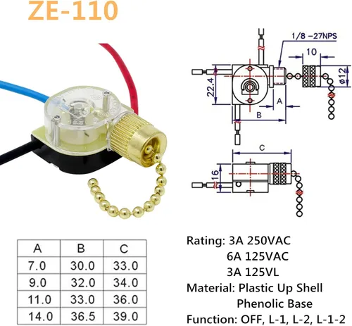 Vista 2 de Interruptor de luz para ventilador de techo, ZE-110, Zing, interruptor de ventilador de 3 vías, interruptor de cadena de tracción de techo, 2 Latón