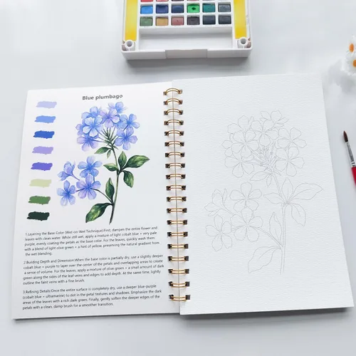 Vista 5 de Cuaderno de trabajo de acuarela 15 hermosas pinturas de flores para adultos y adolescentes principiantes, libro para colorear al agua, 140 libras