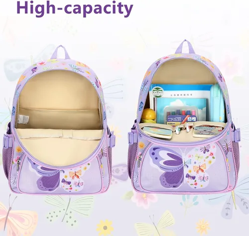 Vista 2 de Mochila para niños, mochila escolar para niñas y preescolar, mochila de unicornio para niños pequeños con clip para el pecho, púrpura