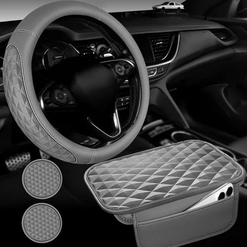 Vista 8 de CAR PASS Juego de fundas de cuero de espuma viscoelástica 3D para volante de automóvil, cómodo cojín de cuero de rombo para consola central con Negro