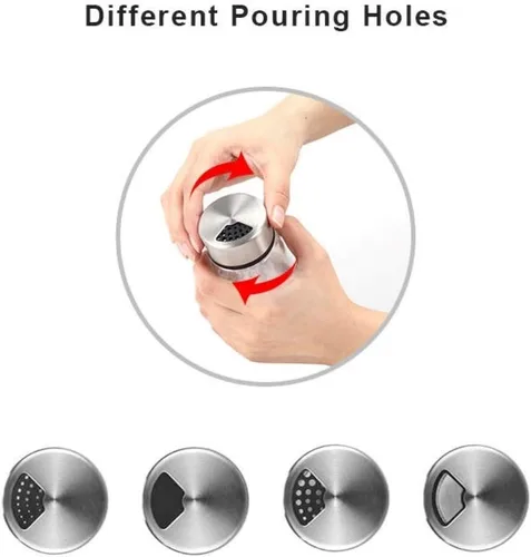 Vista 4 de Elegantes saleros y pimenteros con agujeros ajustables para verter – Juego de 2 – Acero inoxidable y vidrio de alta calidad – Juego de dispensador