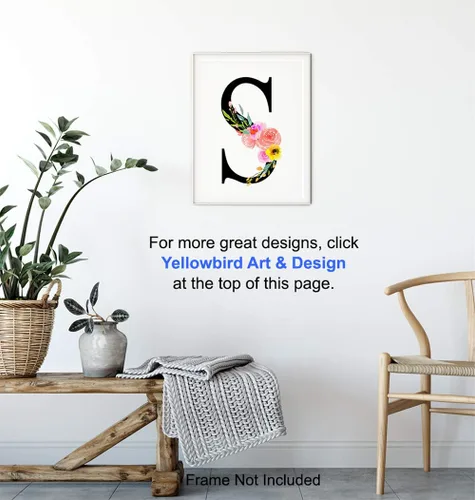 Vista 5 de Decoración de pared con monograma inicial de letra S, arte del alfabeto floral, decoración del hogar para dormitorio, sala de estar, baño, oficina