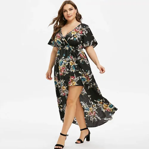 Vista 2 de Vestidos de talla grande para mujer, vestido de playa floral de moda 2023, primavera y verano, elegante vestido bohemio con dobladillo fruncido