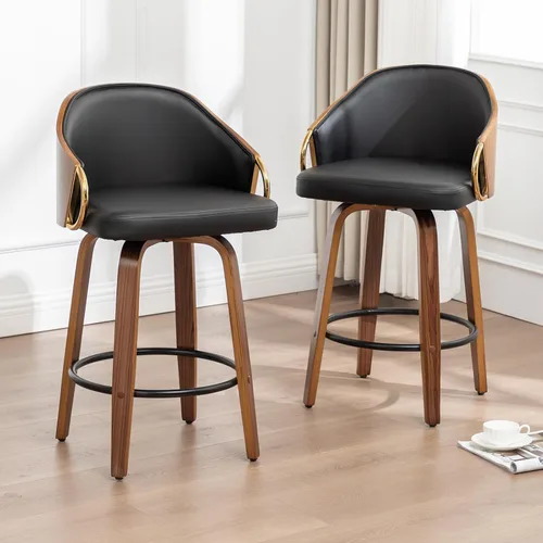Vista 16 de Taburetes de bar giratorios de 24.8 pulgadas, taburetes de bar de cuero negro, sillas de bar modernas de mediados de siglo con patas de madera