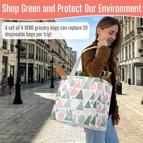 Vista 7 de VENO Paquete de 4 bolsas de comestibles reutilizables de Navidad, bolsas de compras resistentes con asas, para carrito de compras con parte inferior
