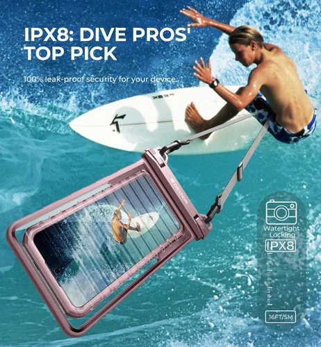 Vista 3 de Dexnor Bolsa impermeable IP68 para teléfono, funda universal 3D para teléfono celular con cordón ajustable de doble gancho para iPhone 15 14 13 12