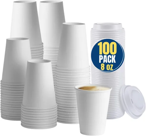 Vista 8 de Tazas de café desechables de 8 onzas con tapas, vasos de papel, color blanco, paquete de 50