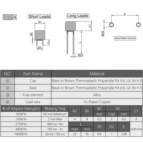Vista 2 de Fielect 30 unids DIP montado en miniatura cuadrado lento golpe micro fusible instrumento eléctrico fusible 2.5A 250V negro