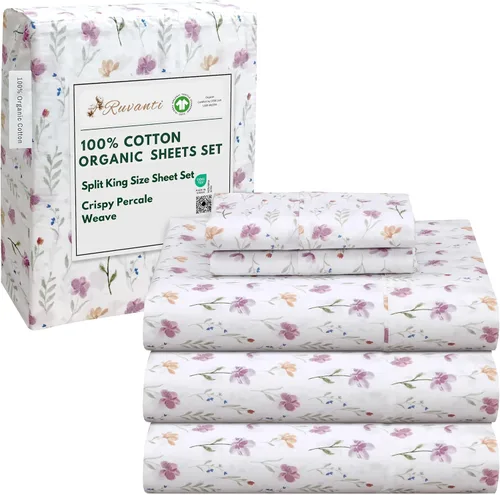 Vista 44 de RUVANTI Juego de sábanas de algodón orgánico 100% tamaño completo, tejido de percal, certificado GOTS, juego de 4 piezas, bolsillo profundo de 15