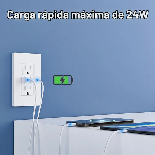 Vista 7 de Toma GFCI de 15 amperios con puertos de carga USB de 4.8 A/24 W tipo A y tipo C, autocomprobación, indicador LED, resistente a manipulaciones