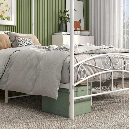 Vista 6 de Marco de cama con dosel de metal, con cuatro pósteres, matrimonial, color blanco