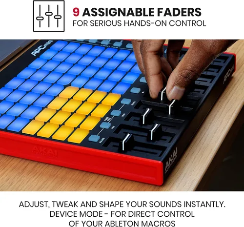 Vista 4 de Akai Professional APC Mini MK2 USB MIDI Pad Controller 64 blocs RGB, 9 faders, modo de batería y nota, mapeo 1:1 para Ableton Live