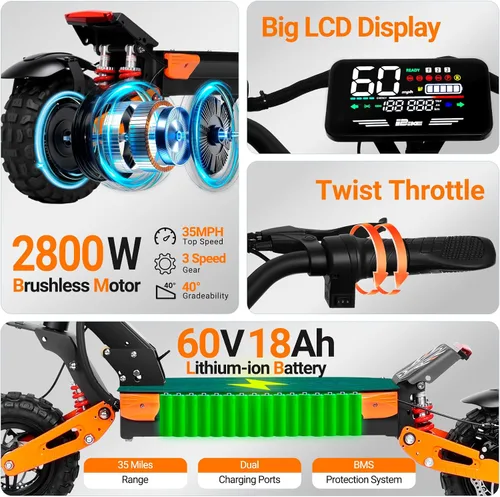 Vista 2 de Patinete eléctrico para adultos, 2800 W6000 W, velocidad máxima de 3552 MPH, batería de 10801800 Wh, rango de 3560 millas de alcance de 11 pulgadas