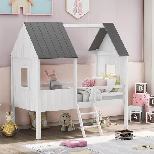 Vista 13 de Quarte Fun House - Cama con techo y dos ventanas laterales, cama baja de madera tamaño individual con escaleras pequeñas y barandilla, para niños