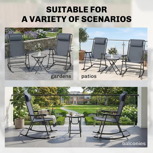 Vista 6 de Outsunny Juego de 3 piezas de mesa mecedora para exteriores, juego de mesa plegable para patio con mesa de centro de cristal para patio, terraza