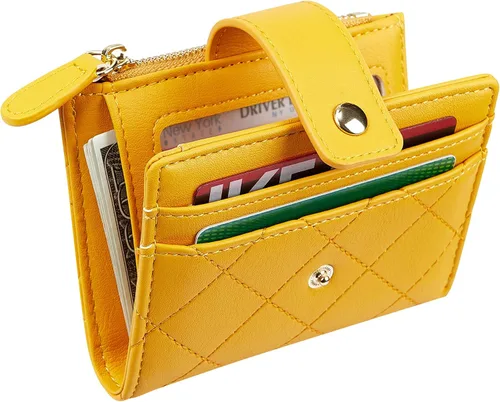 Vista 17 de Cartera de cuero para mujer, pequeña, compacta, plegable, con bolsillo para monedas con cremallera