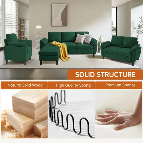 Vista 4 de Juego de sofás modulares de 3 piezas, sofás de 3 plazas en forma de L y sofá biplaza con sillón y otomana de almacenamiento para sala de estar Verde