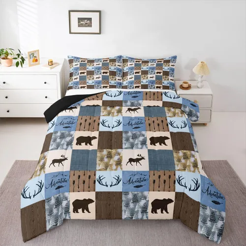 Vista 33 de Juego de edredón de cabaña rústica navideña, juego de ropa de cama estilo rústico con diseño de osos y ciervos, tamaño completo, patchwork Multi 08