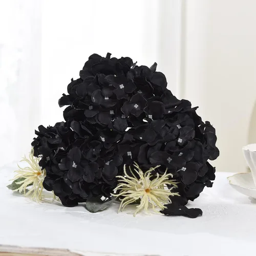 Vista 6 de 10 cabezas de hortensias de seda con tallos de flores artificiales para bodas, fiestas, decoración del hogar (negro)