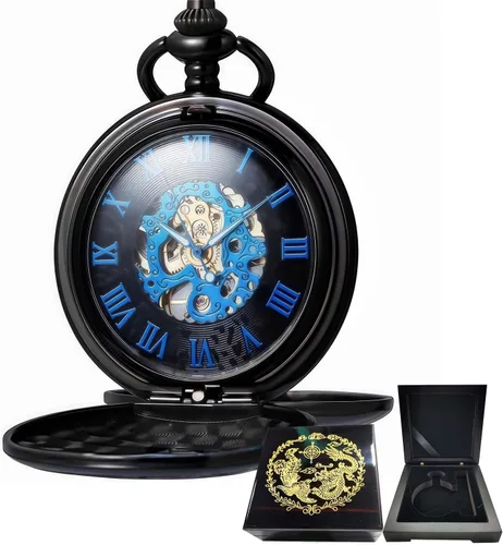 Vista 9 de Relojes mecánicos de bolsillo con números romanos con esfera y cadena para hombre y mujer