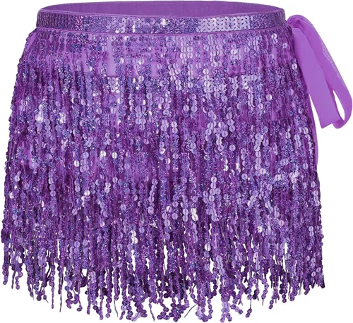 Vista 2 de Belly Dance Skirt Fringe Skirt Sequins Tassel Hip Scarf Rave Party Dance Performance Costume for Women and Girls