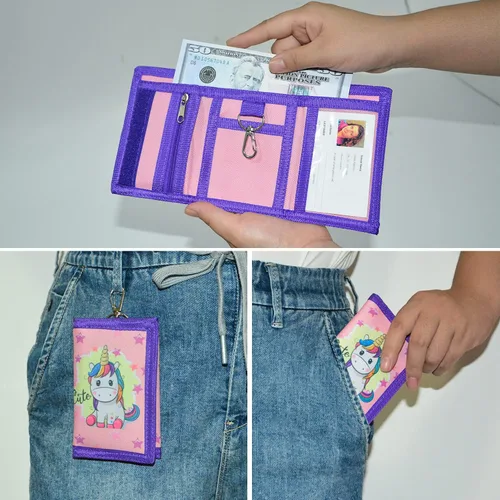 Vista 8 de SITADI Cartera para niños, billetera pequeña para niñas con bolsillo con cremallera, bonita cartera de lona triple de dibujos animados para niños