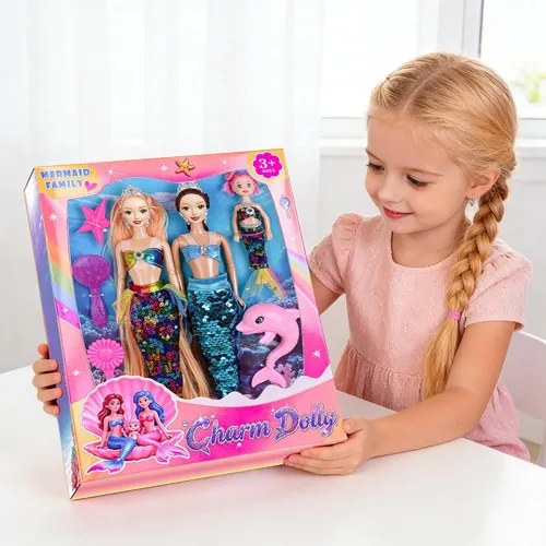 Vista 5 de Juego de muñecas de sirena de 11.5 pulgadas con accesorios, dos muñecas de princesa, una muñeca pequeña, un juguete de delfín, juguete de una