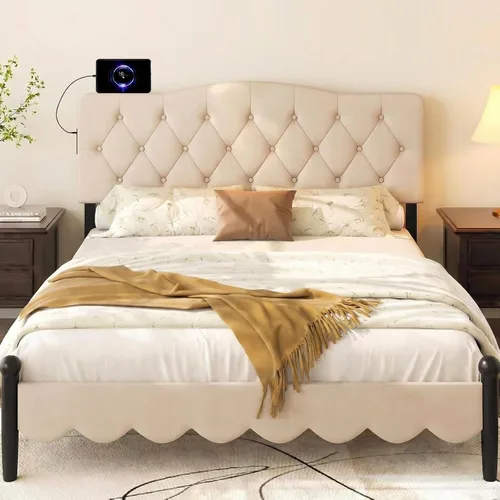 Vista 2 de GIANTEX - Cabecera con estación de carga, tamaño Queen/Matrimonial, tapizada con botones y 2 salidas de CA, puerto USB y tipo C, patas de madera