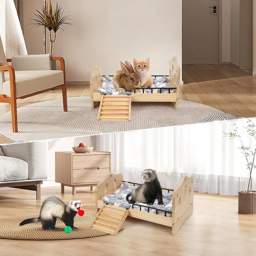 Vista 2 de Cama de madera para conejos, 2 en 1 Cama para conejos y cobayas Desmontable Cama para animales pequeños con escaleras Estera reversible lavable